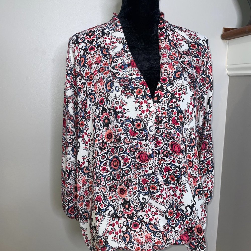 Two Arrows Flowered 3/4 Sleeve High Low Wrap Blouse